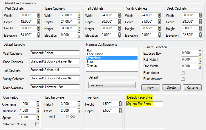 Cabinet Face Style Defaults