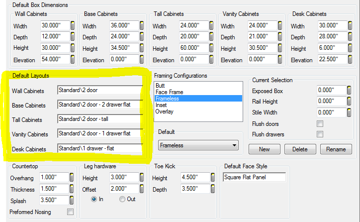 Cabinet Face Layout defaults added